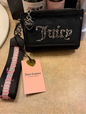 Juicy Couture Black Crystal-Logo Suede wristlet Bag